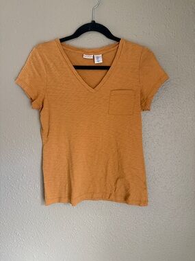 Max Studio Mustard Slub V-Neck Pocket Tee
